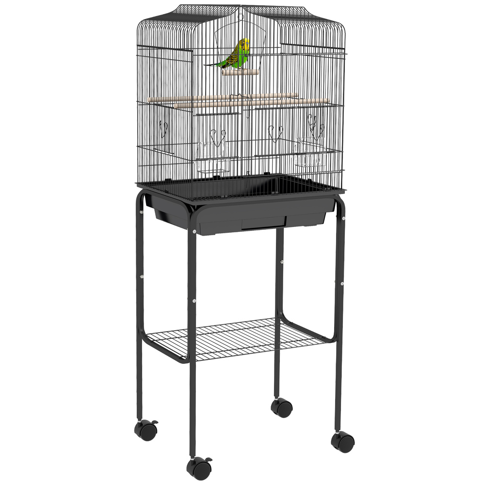 PawHut Bird Cage Budgie Cages for Finch Canary Parakeet with Stand Wheels Slide-out Tray Accessories Storage Shelf, Black