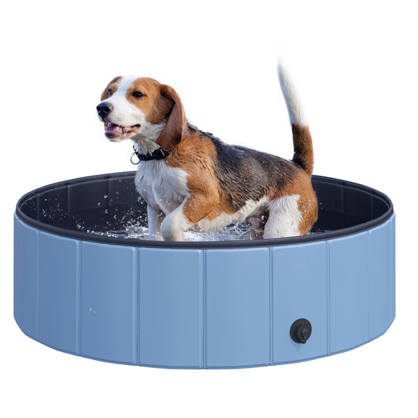 PawHut Dog Paddling Pool, Foldable Dog Pool, Leakproof & Hard Plastic, Portable Pet Bathtub with Non-Slip Base & Drainage Hole, for Indoors, Outdoors, Garden, Patio, 100 x 30 cm, Blue
