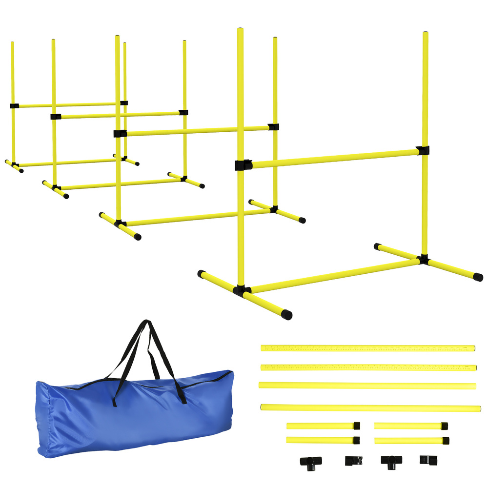 PawHut 4 Pieces Dog Agility Training Equipment, Adjustable Height Jumps Hurdle with Carrying Bag for Outdoor, Yellow