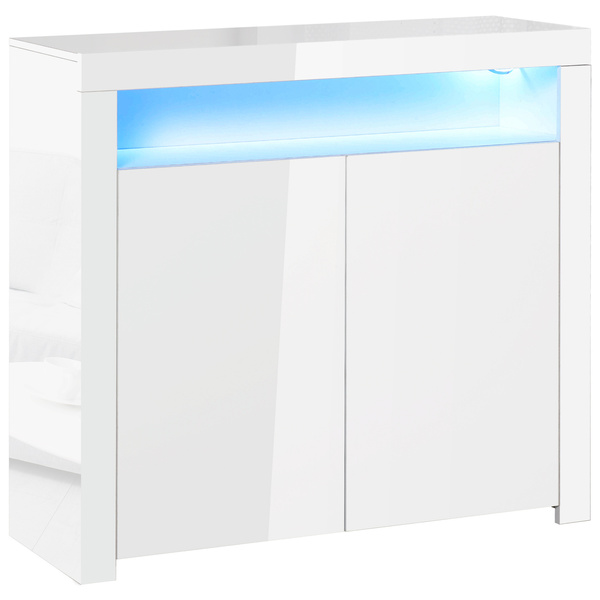 HOMCOM 2-Door Sideboard with LED Light, High Gloss Lighted Storage Cabinet with Shelves and Open Compartment, Modern Kitchen Sideboard for Dining Room, Living Room, 107 x 35 x 97cm, White
