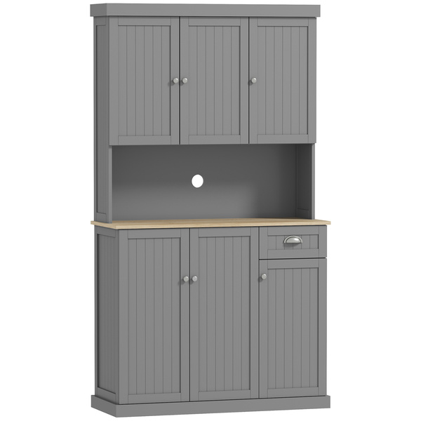 HOMCOM 180cm Freestanding Kitchen Cabinet, Modern Storage Cupboard with Open Countertop, Drawer and 6 Doors, Grey