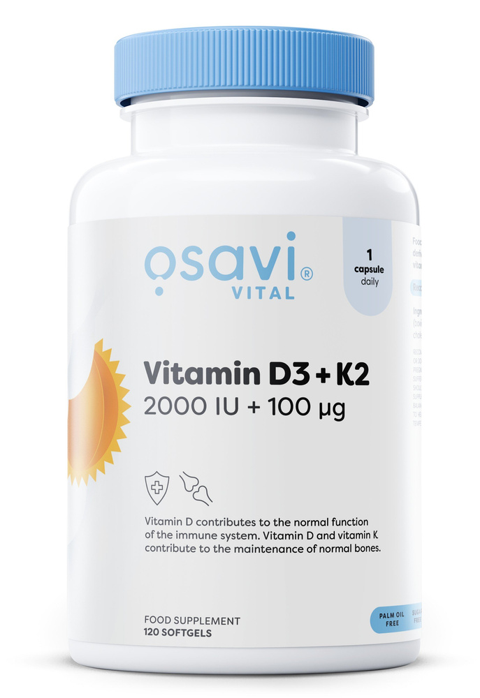 Osavi Witamina D3 + K2 2000 IU + 100 mcg na Odporność i Zdrowe Kości 120 Kapsułek