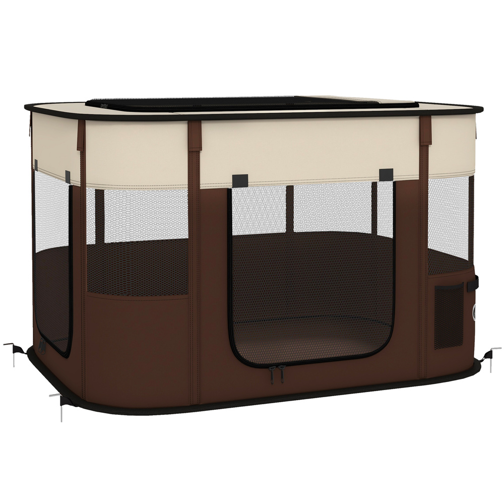 PawHut Foldable Dog Pen with Storage Bag for Indoor/Outdoor Use, Portable Pet playpen, with Ground Stakes - Brown