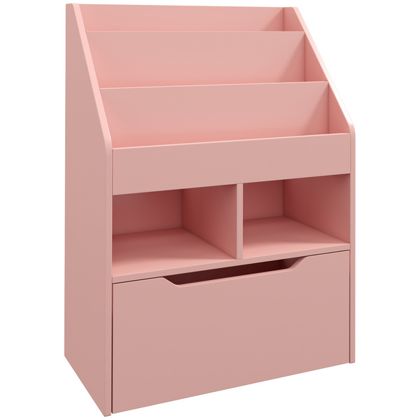 HOMCOM Kids Bookshelf, Toy Organiser, with Storage Drawer, Wheels - Pink