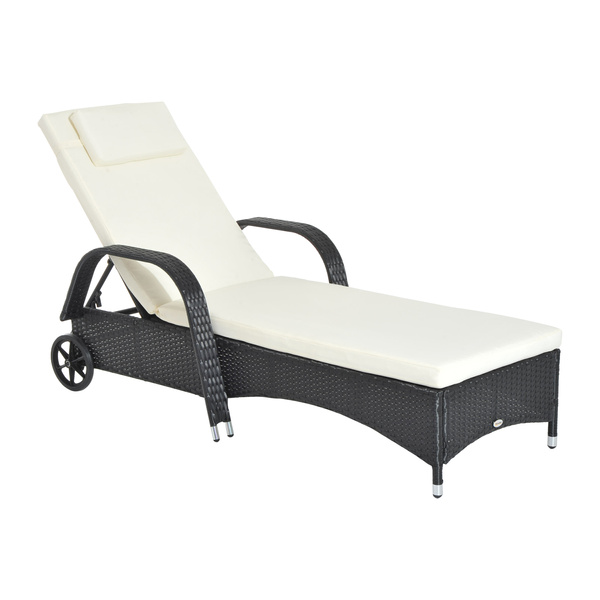 Outsunny Rattan Sun Lounger, Garden Lounger Recliner with Wheels and Adjustable Backrest, Outdoor Reclining Sunbed Garden Chair with Cushion and Headrest for Patio, Beach, Terrace, Black
