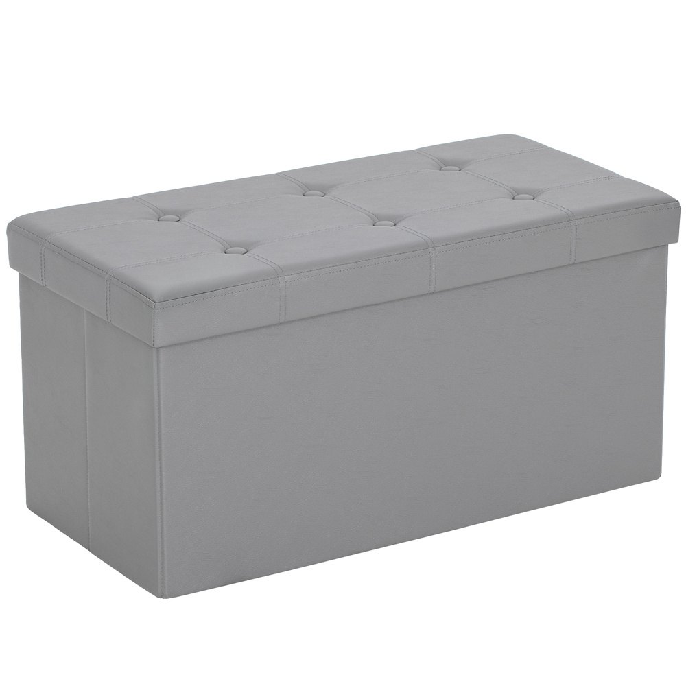 HOMCOM Storage Ottoman Bench, 89L PU Leather Folding Foot Rest Stool, End of Bed Bench, Easy Assembly, for Living Room, Bedroom, Entryway, Grey