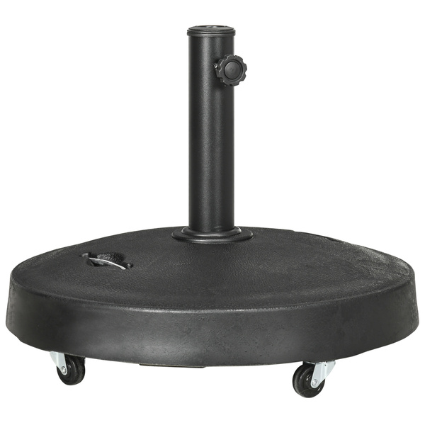 Outsunny 25kg Resin Garden Parasol Base with Wheels and Retractable Handles, Round Outdoor Market Umbrella Stand Weight for Poles of Φ38mm to Φ48mm, Black