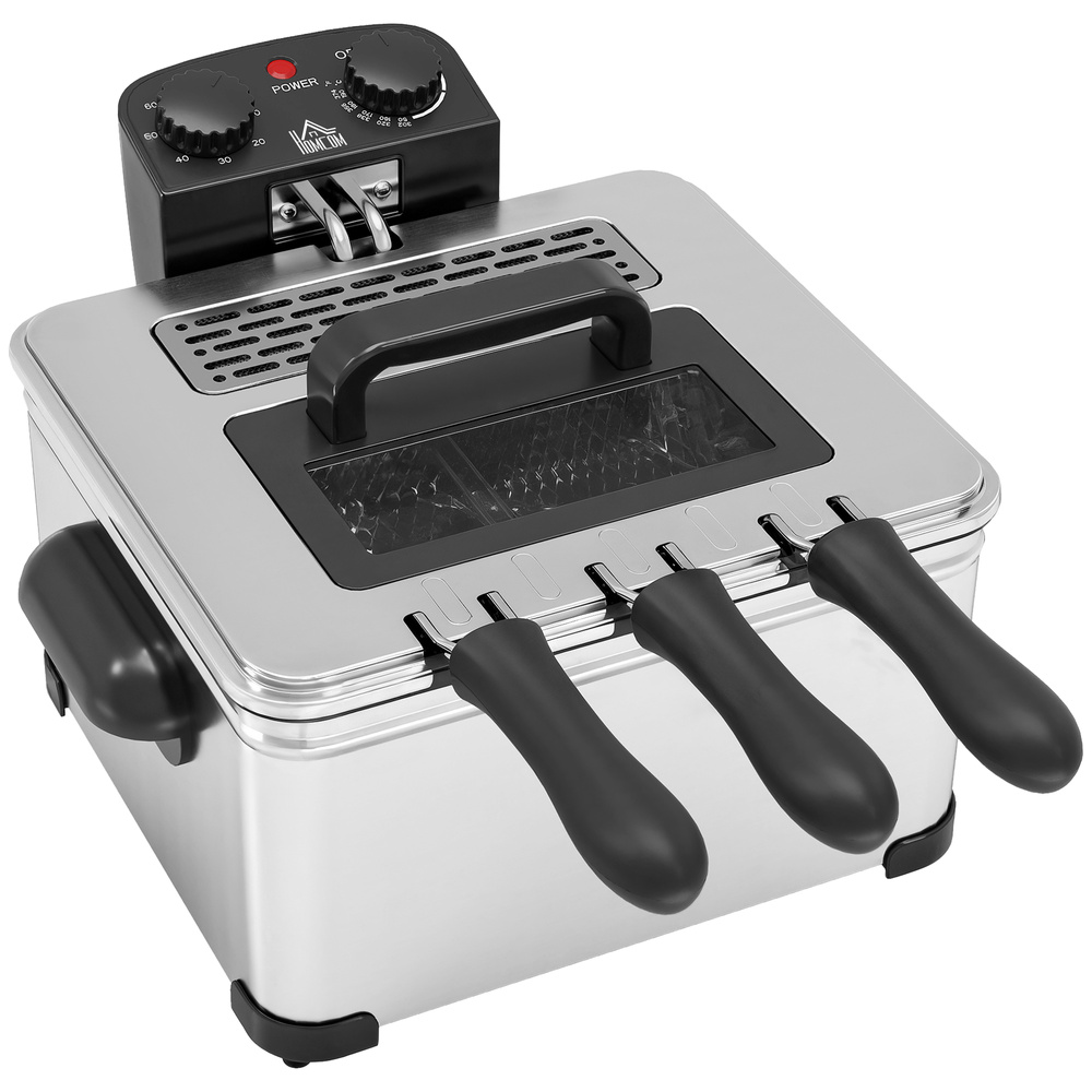 HOMCOM 5 Litre Deep Fat Fryer Stainless Steel with Adjustable Temperature, 60min Timer, Removable Oil Basket, Viewing Window and Safety Cut Out, 2000W