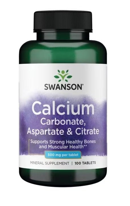 Swanson Wapń Węglan Asparaginian i Cytrynian 500mg na Zdrowe Kości i Zęby 100 Tabletek