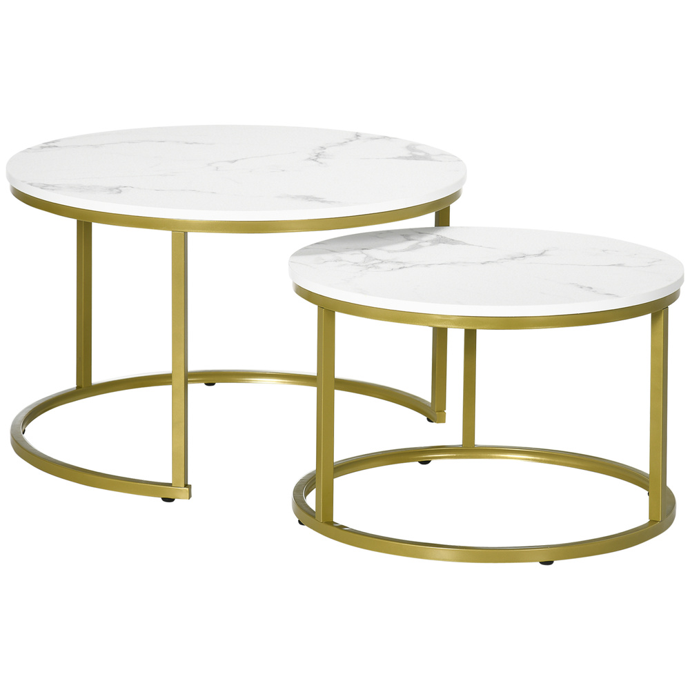 HOMCOM Coffee Table Set of 2, Round Nest of Tables with Metal Frame, Modern Side Tables for Living Room, White