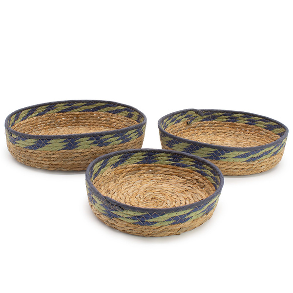 Straw & Seagrass Tray Baskets - Natural Green & Blue- Set of 3