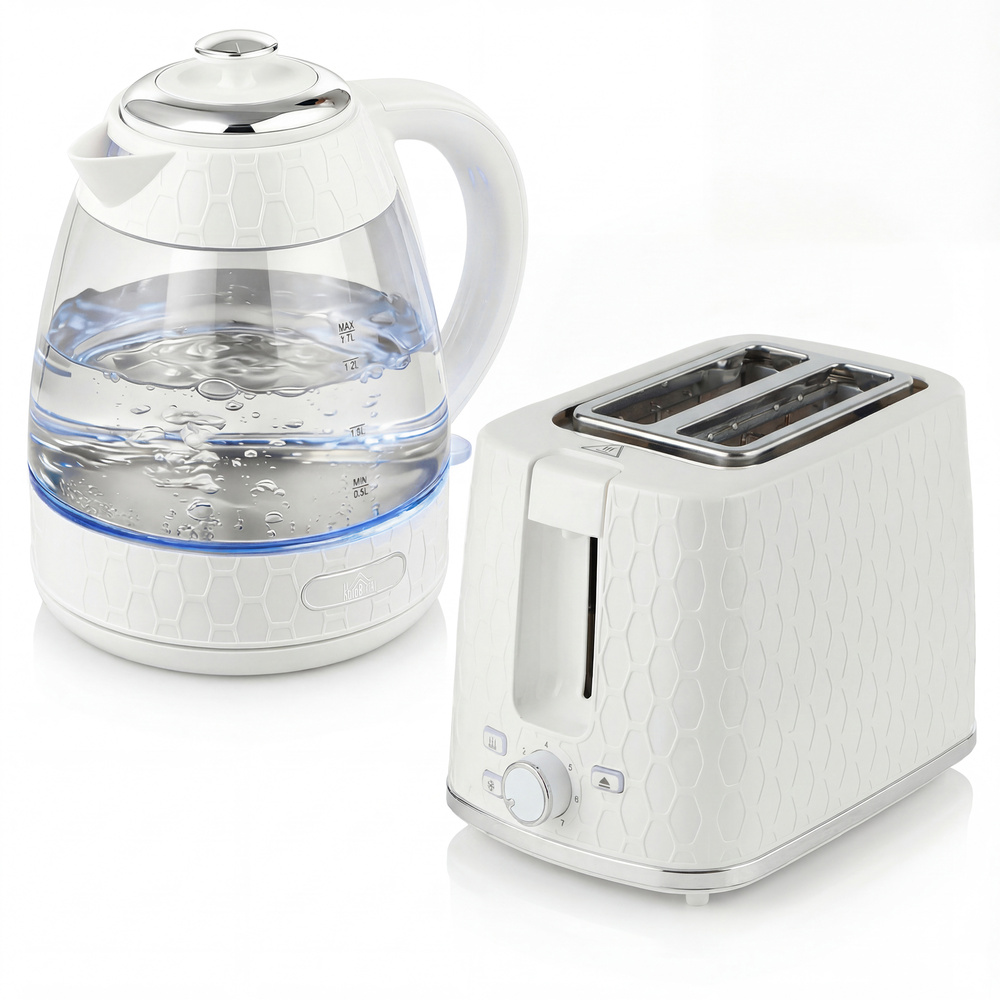 HOMCOM Kettle and Toaster Set, 1.7L 3000W Rapid Kettle with Limescale Filter, 2 Slice Toaster with 7 Browning Controls, Cream