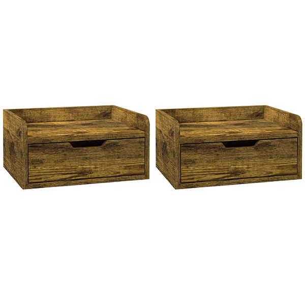 HOMCOM Floating Nightstands Set of 2, Wall Mounted Bedside Table with Drawer for Bedroom, Rustic Brown