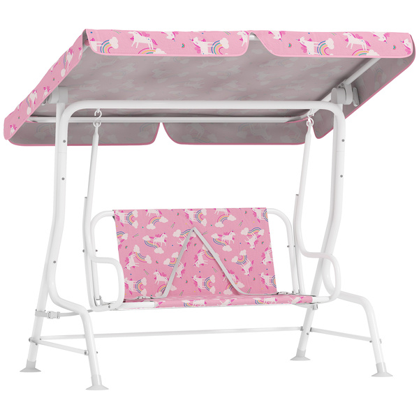 AIYAPLAY Kids Porch Swing, 2-Seater Patio Swing Bench Hammock with Seat Belts, Adjustable Canopy for Garden, Pink