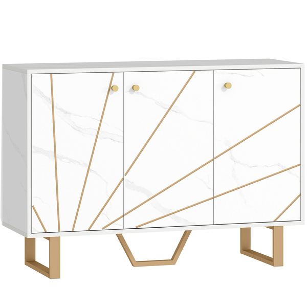 HOMCOM Sideboard Storage Cabinet, Modern Storage Cupboard with Adjustable Shelves and Metal Legs for Living Room, Kitchen, Dining Room, Entryway, White Marble Tone