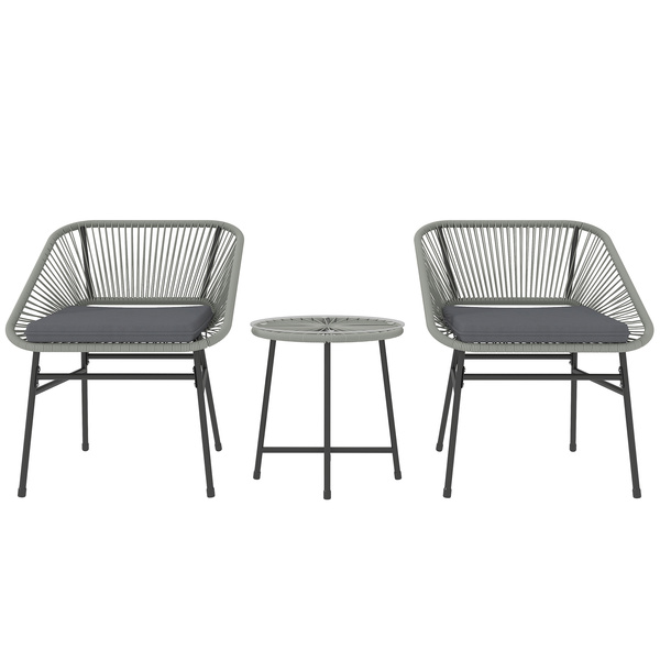 Outsunny 3 Pieces Rattan Bistro Set, Wicker Small Garden Table and Chairs Set with Cushions and Glass Top Coffee Table, Bistro Garden Furniture Set for Outdoor, Patio, Balcony, Light Grey