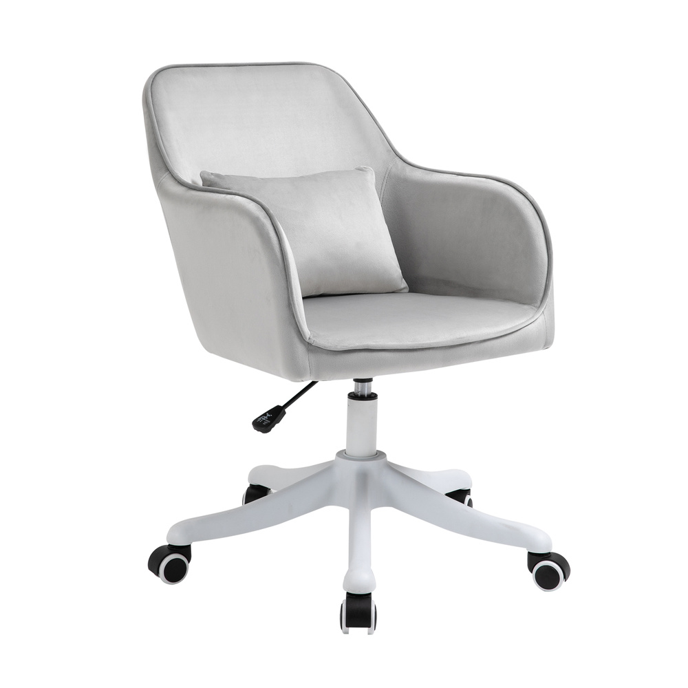 Vinsetto Velvet Office Chair, Desk Chair, Makeup Vanity Chair with Massage Lumbar Pillow and Rolling Wheels for Bedroom and Home, Grey