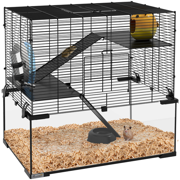 PawHut 3 Tiers Hamster Cage, Gerbil Cage with Deep Glass Bottom, Non-Slip Ramps, Platforms, Hut, Exercise Wheels, Water Bottle, Dish, for Syrian Hamster, Dwarf Hamster, 60 x 40 x 54.5cm