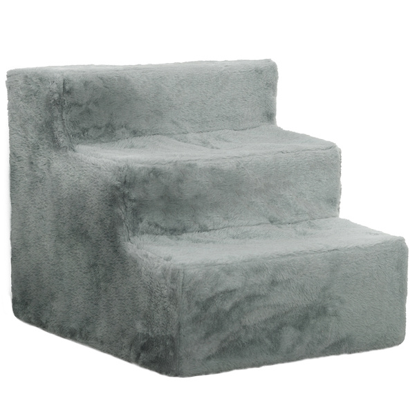 PawHut Three-Step Dog Stairs, with Washable Plush Cover, for High Bed Sofa, Dog Stairs for Small Dog and Cat - Light Grey