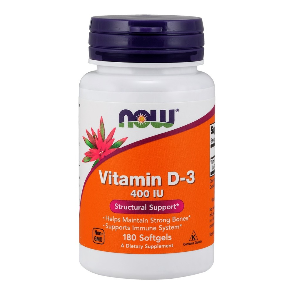 Now Foods Vitamin D-3 400 IU Wspiera Odporność Zdrowie Kości i Mięśni oraz Pracę Mózgu 180 Kapsułek