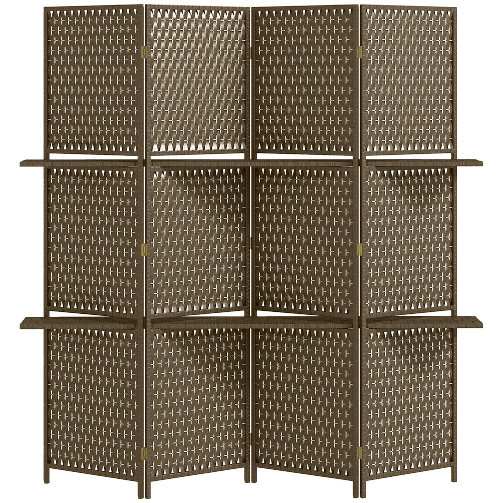 HOMCOM 4-Panel Room Dividers with Shelves, Wave Fibre Freestanding Folding Privacy Screen Panels, Partition Wall Divider for Indoor Bedroom Office, 180 cm, Brown