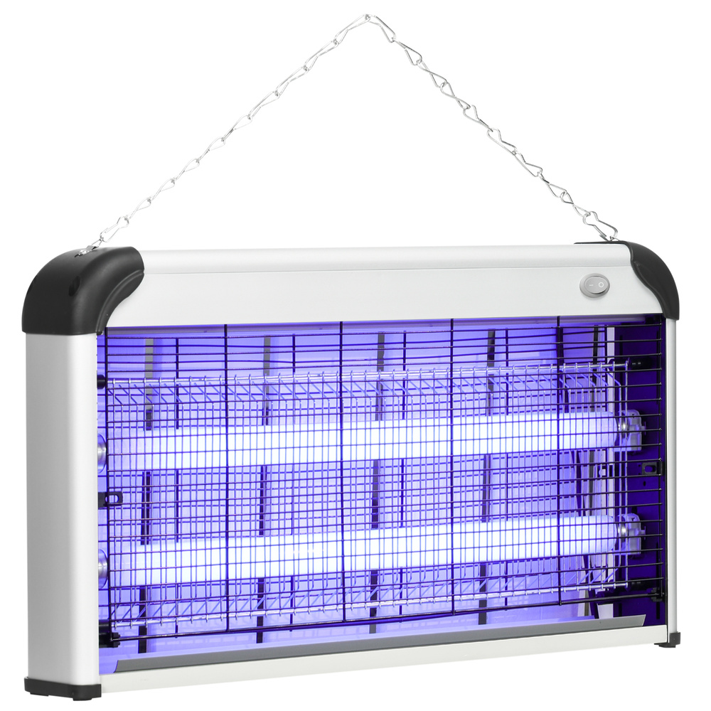 Outsunny 30W Electric Fly Zapper, Bug Zapper with UK Plug, 2 UV Bulbs, Hanging Chain, On/Off Switch and Removable Catch Tray, 60㎡ Coverage Insect Mosquito Killer for Indoor and Outdoor Use, Silver
