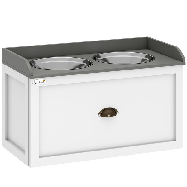PawHut Stainless Steel Raised Dog Bowls, with 21L Storage Drawer for Large Dogs and Cats - White