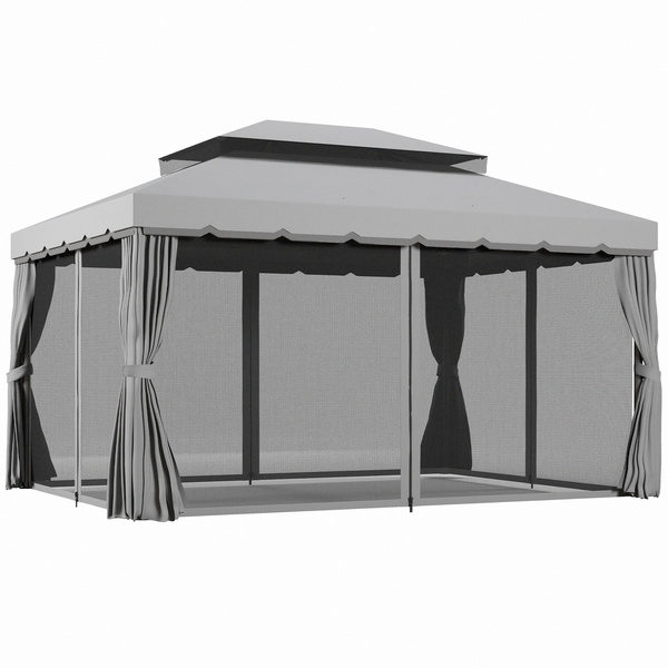 Outsunny 3 x 4m Aluminium Garden Gazebo, Marquee Canopy Shelter Pavilion Party Tent with Nets and Curtains for Garden and Deck, Light Grey