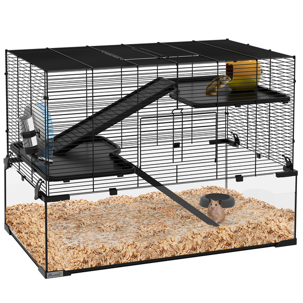 PawHut 3 Tiers Hamster Cage, Gerbil Cage with Deep Glass Bottom, Non-Slip Ramps, Platforms, Hut, Exercise Wheels, Water Bottle, Dish, for Syrian Hamster, Dwarf Hamster, 76.5 x 48.5 x 54.5cm