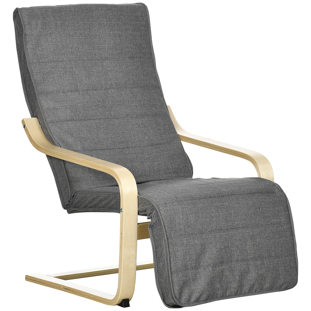 HOMCOM Wooden Armchair, Upholstered Linen Lounge Chair with Adjustable Footrest & Removable Cushion, Poang Chair for Living Room, Dark Grey