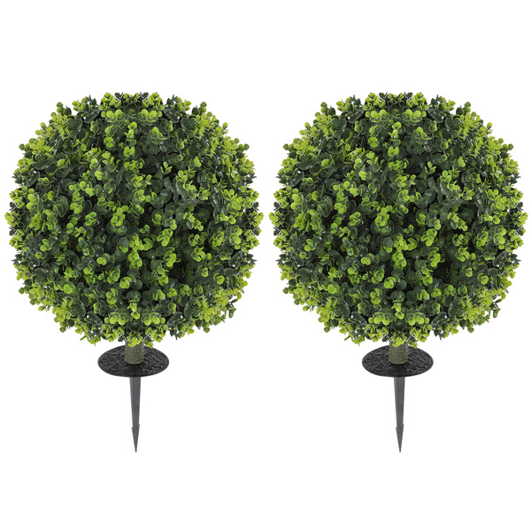 HOMCOM Set of 2 40 cm Artificial Boxwood Topiary Ball Bush with Integrated Ground Stake, Indoor Outdoor UV Resistant Faux Greenery, Faux Plants for Garden, Porch, Balcony