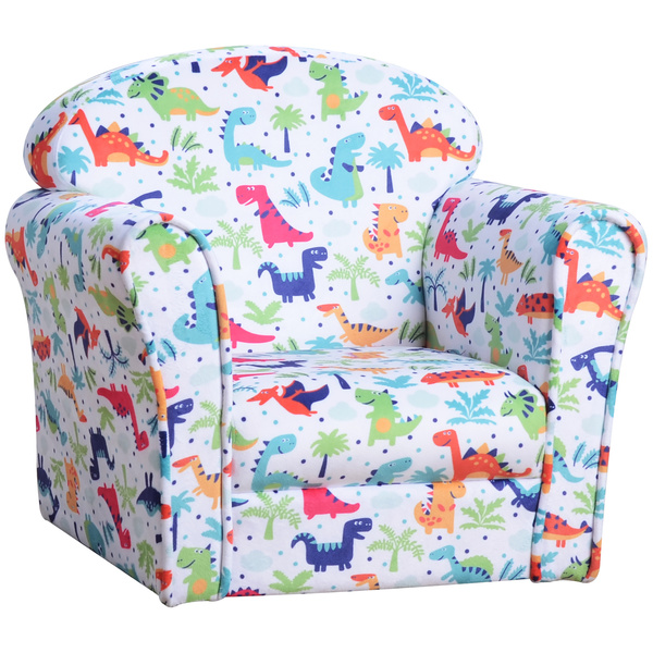 HOMCOM Children's Armchair Flannel Kids Sofa Tub Chair Cartoon Dinosaur Pattern Wooden Frame Bedroom Playroom Seater Multicolour