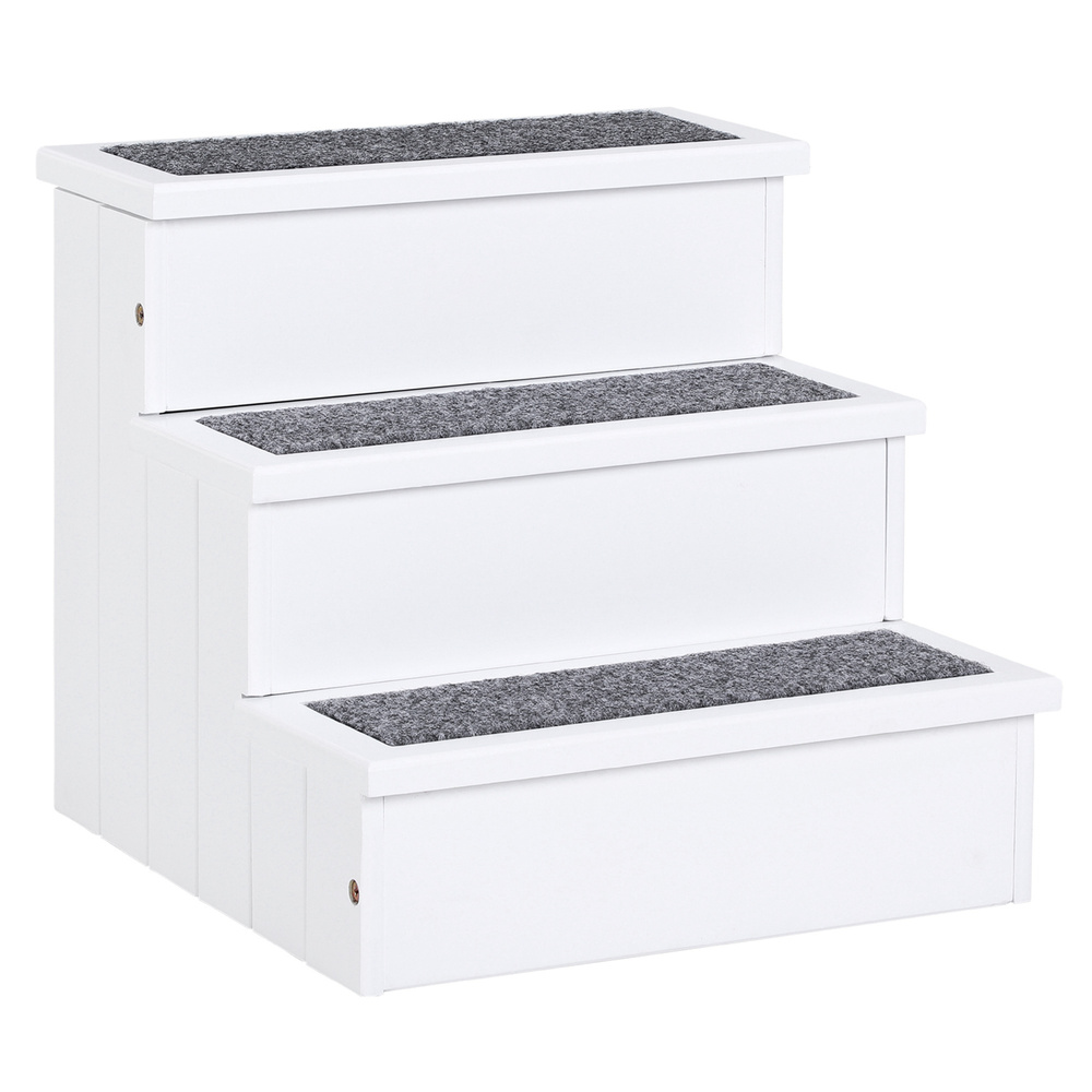 PawHut Dog Steps for Bed Sofa, 3 Step Wooden Dog Stairs for Sofa, Pet Stairs with Storage for Small Cats and Puppy, White