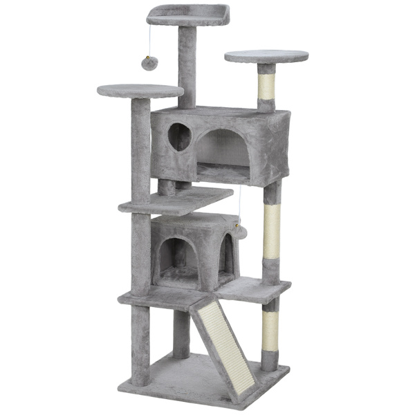 PawHut 138cm Cat Tree, Multi-Level Cat Tower with Scratching Posts and Pad, Bed, Condos, Platforms, Toy Balls, Light Grey