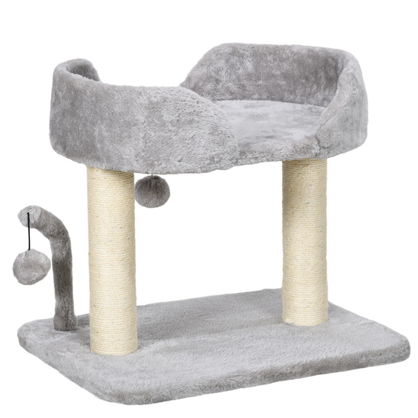 PawHut 42cm Indoor Cat Tree, with Toy Balls, Sisal Scratching Post - Light Grey