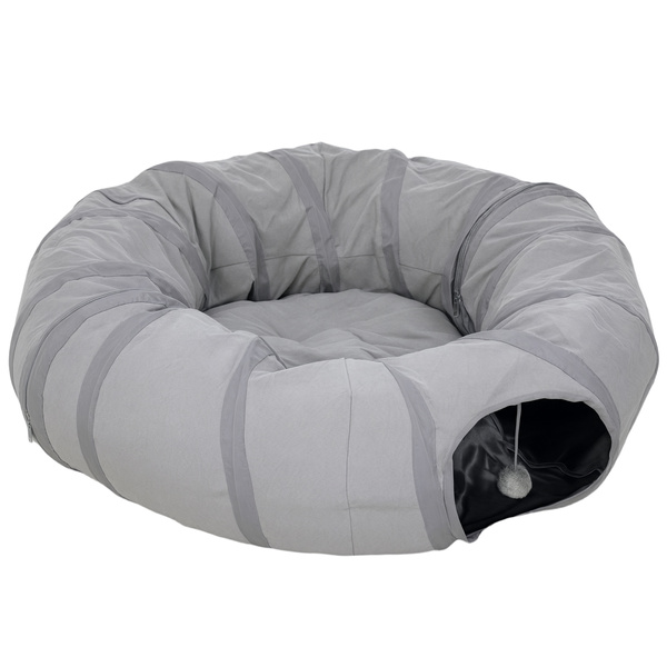 PawHut 2 in 1 Cat Tunnel with Bed, Cat Play Tunnel with Ball & Peek Hole for Indoor Cats, Grey