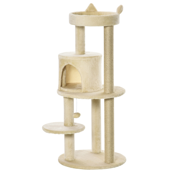 PawHut 104 cm Cat Tree, Cat Condo Tree Tower, Cat Activity Centre with Scratching Posts, Plush Perches, Hanging Ball - Cream White