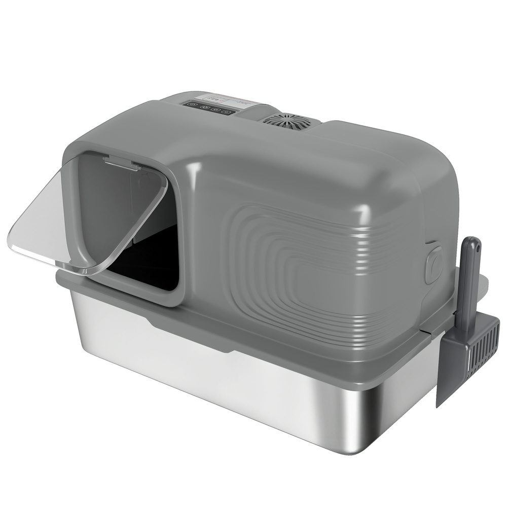 PawHut 65L Extra Large Stainless Steel Litter Tray with Plasma Deodoriser System, High Sided, Easy to Clean & Odour-Resistant