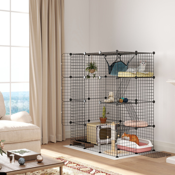 PawHut Four-Tier DIY Large Cat Cage with Hammock, Ramps, Five Doors, Indoor Use for 1-3 Cats, Black