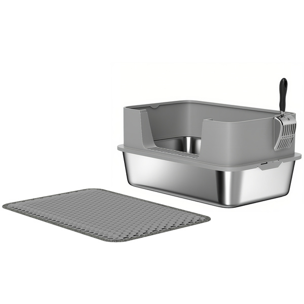 PawHut High Sided Stainless Steel Litter Box, Metal Cat Litter Tray with Metal Scoop, Litter Mat, Never Absorbs Odors, Grey