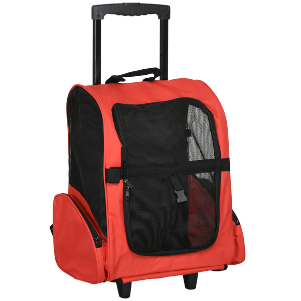 PawHut Pet Travel Backpack Bag Cat Puppy Dog Carrier w/ Trolley and Telescopic Handle Portable Stroller Wheel Luggage Bag (Red)