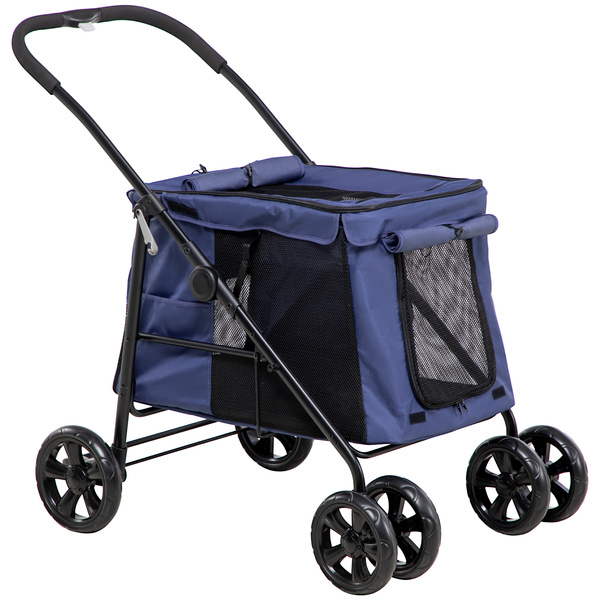 PawHut Dog Pram Dog Stroller 4 Wheels Pet Pushchair with Rolling Door, Cushion, Safety Leashes, for Small and Medium Breeds, Dark Blue