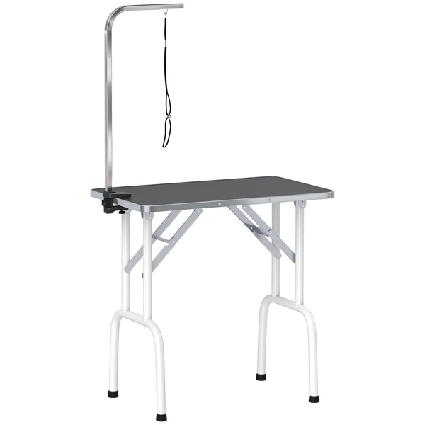 PawHut 32" Foldable Dog Grooming Table Pet Drying Beauty Table Adjustable Fixed Arm Rubber Top, Black