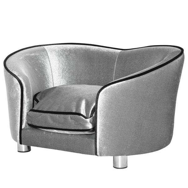 PawHut Dog Sofa Pet Chair, Kitten Bed Couch w/ Wooden Frame, Removable Cushion - Silver-Tone and Grey
