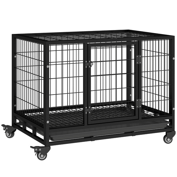PawHut 36" Heavy Duty Metal Dog Crate Pet Cage with Tray Wheeled Dog Kennel - Black (Medium)