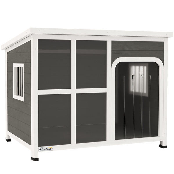 PawHut Wooden Outdoor Dog House, with Asphalt Openable Top, Removable Floor, Clear Front Panel, Curtain, 103 x 77 x 83cm