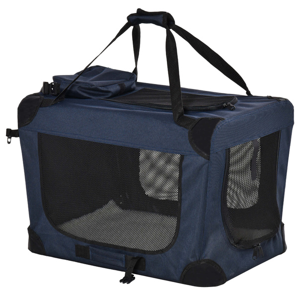 PawHut Foldable Pet Carrier for Small and Miniature Dogs, Portable Cat Carrier Soft Side Pet Travel Crate with Removable Mat, Storage Bags, Breathable Mesh 60 x 41.5 x 41cm - Dark Blue