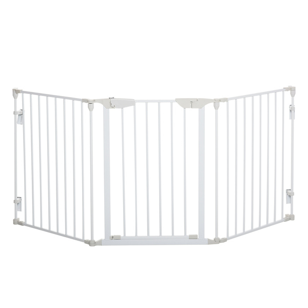 PawHut Pet Safety Gate, 3 Panels Playpen Fireplace, Foldable Metal Fence, Stair Barrier, Room Divider, Fire Guard w/ Automatic Closing Door, White