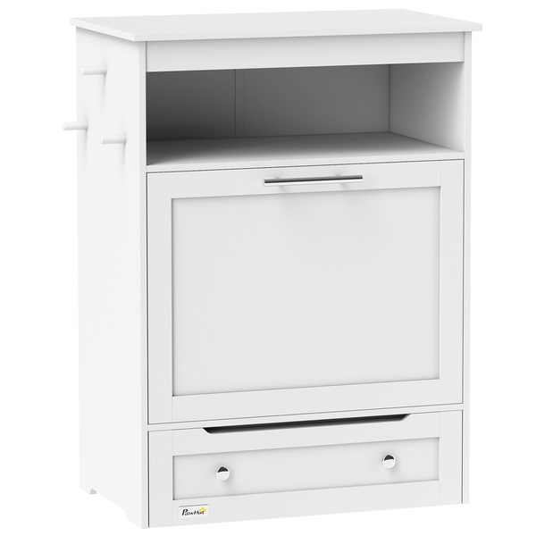 PawHut Pet Feeder Station, Dog, Cat Storage Container, with Raised Bowls, Hanger, Cabinet - White