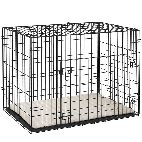 PawHut Foldable Dog Crate with 2 Doors with Tray, Soft Cushion, for Small Dogs, 75 x 49 x 53 cm, Black